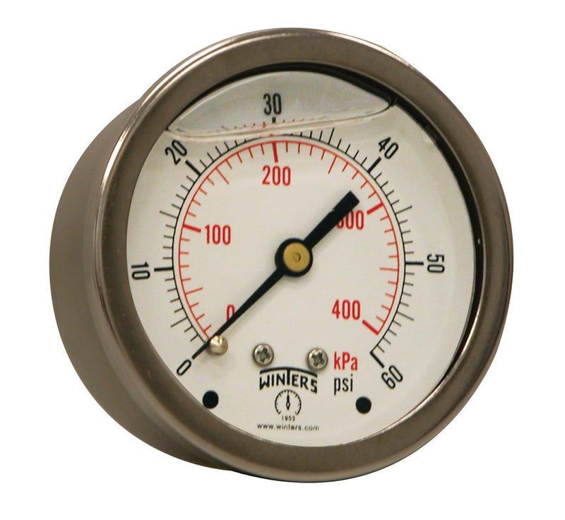 Winters 2-1/2" Dial Size, Liquid Filled Industrial Pressure Gauge, Brass Internals, 304 Stainless Steel Case, Dual Scale 0-60 psi/kPa, 1.5% Acc, 1/4" NPT Back Mount, Glycerin Filled Pressure Gauge